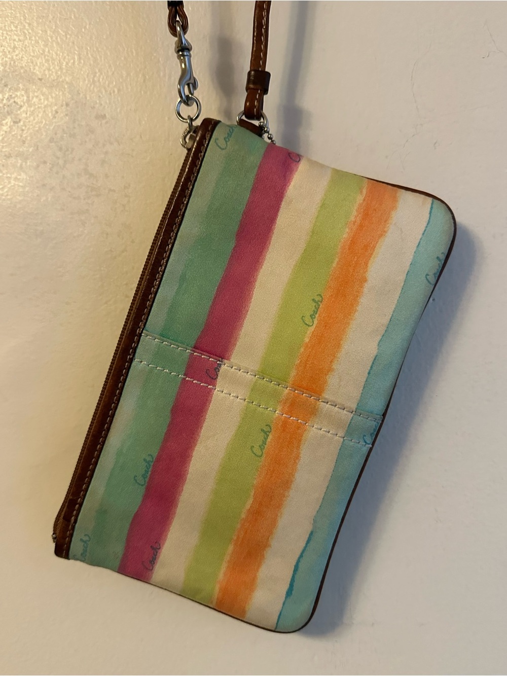 Coach Striped Multicolor Canvas Wristlet with Brown Leather Trim - Picture 2 of 15